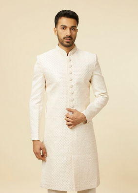 alt message - Manyavar Men Warm White Self-designed Sherwani Set image number 0